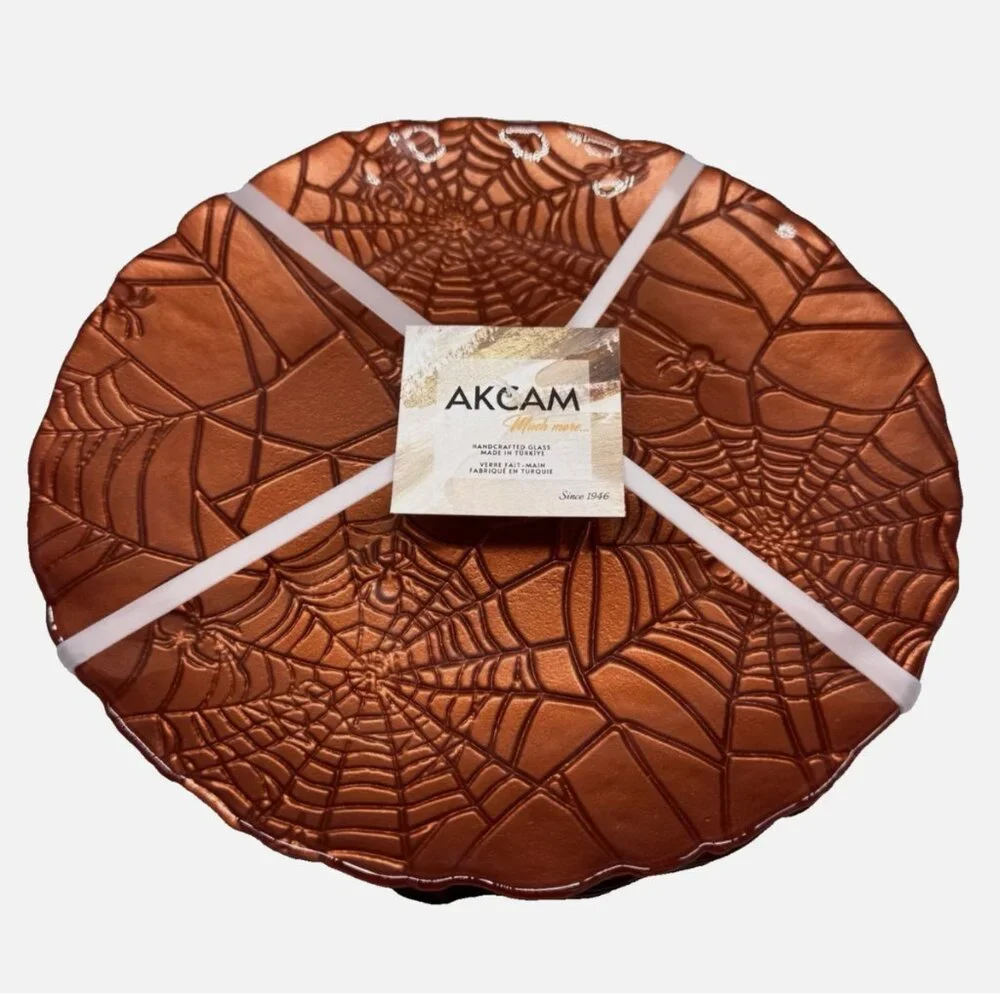 x4 Akcam Turkish Glass Halloween Salad Dessert Plates Orange Spiderweb Embossed